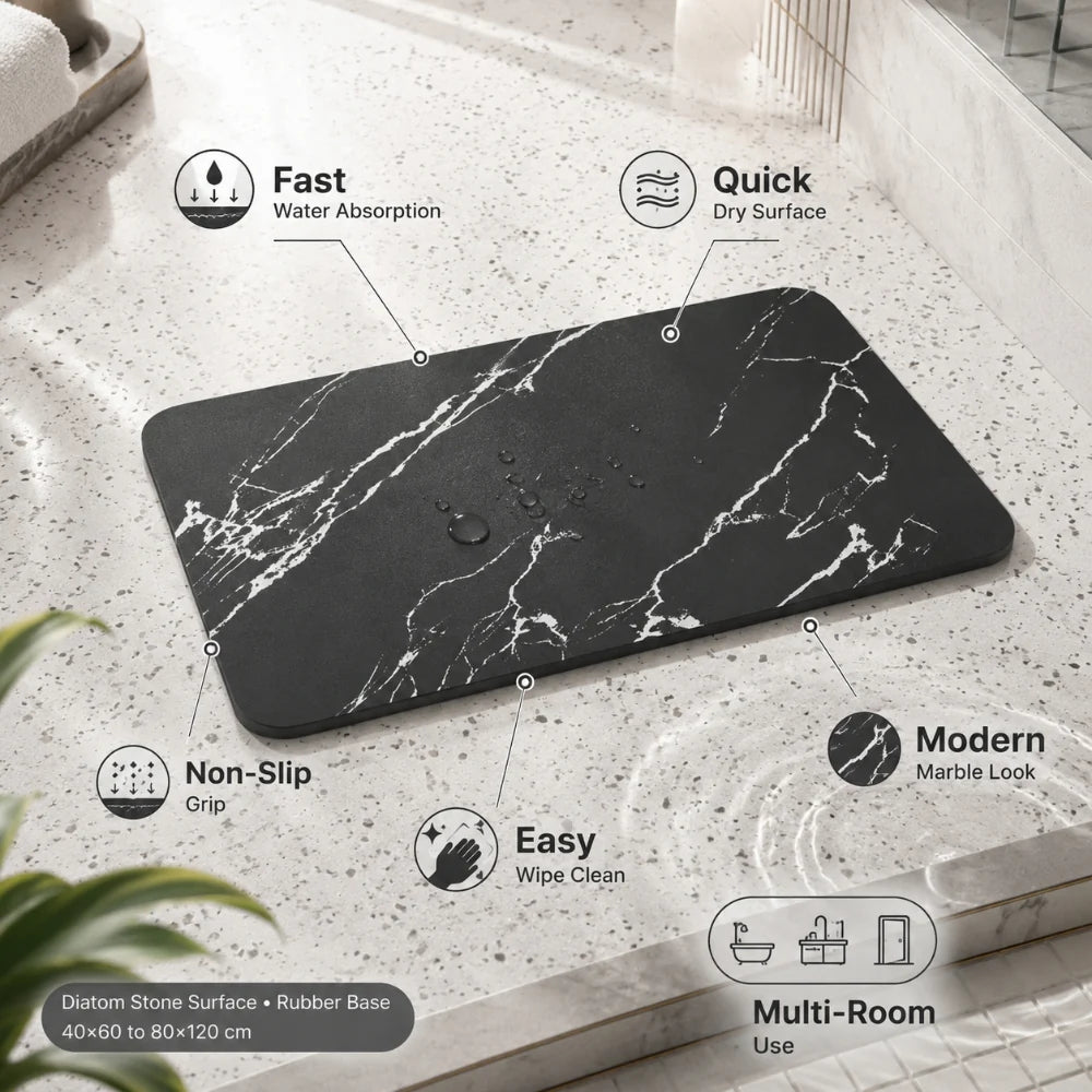 Bath Mat | Quick-Drying Diatomaceous Stone & Non-Slip Rubber Base | Multiple Sizes