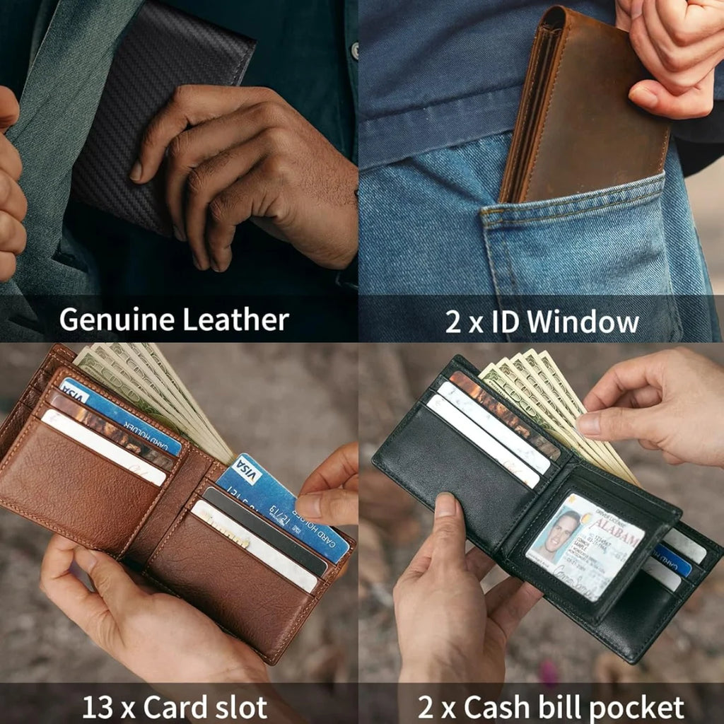 Bifold Wallet | Genuine Leather & RFID-Blocking | 13 Card Slots