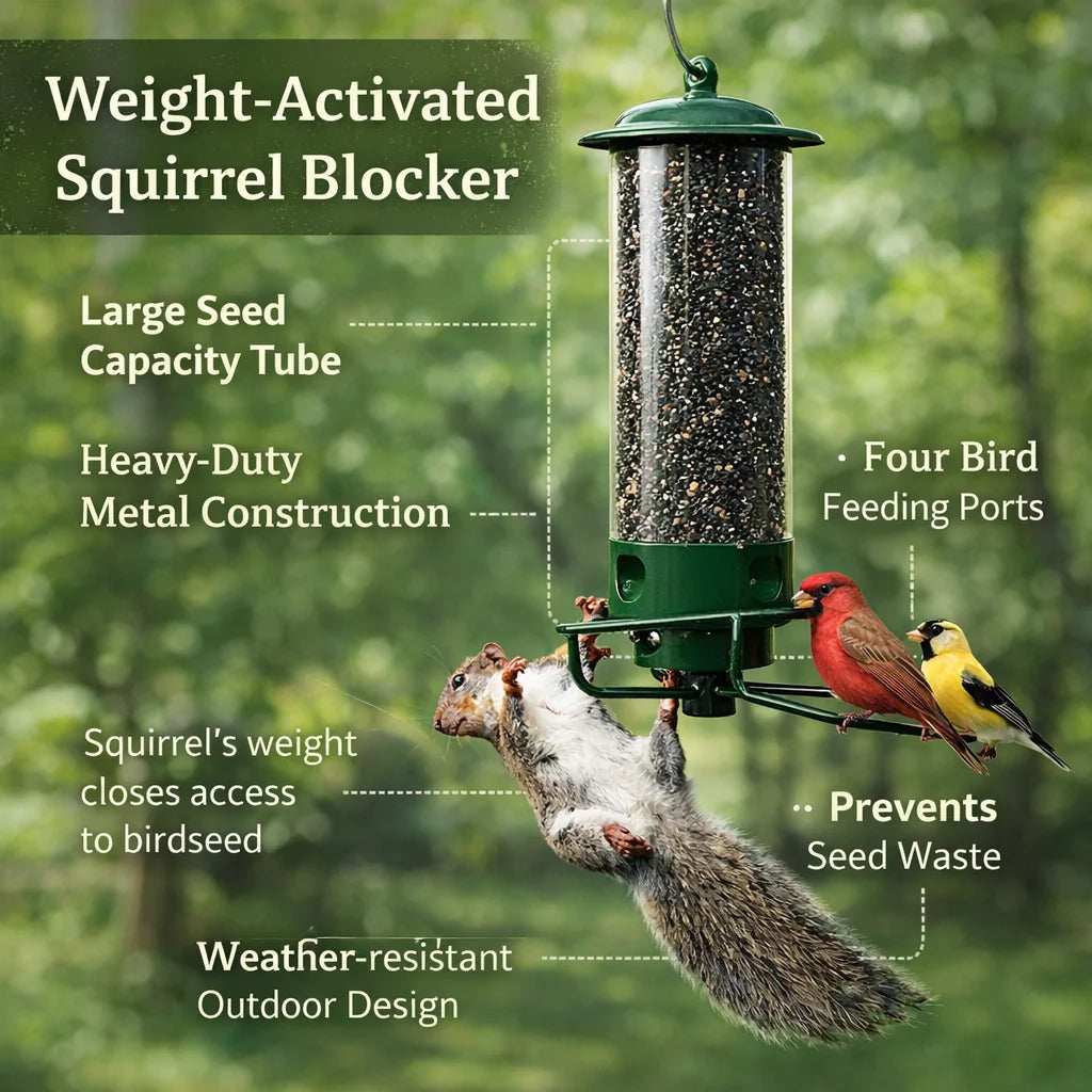 Bird Feeder | Squirrel-Proof Rotating Perch & 4 Feeding Ports