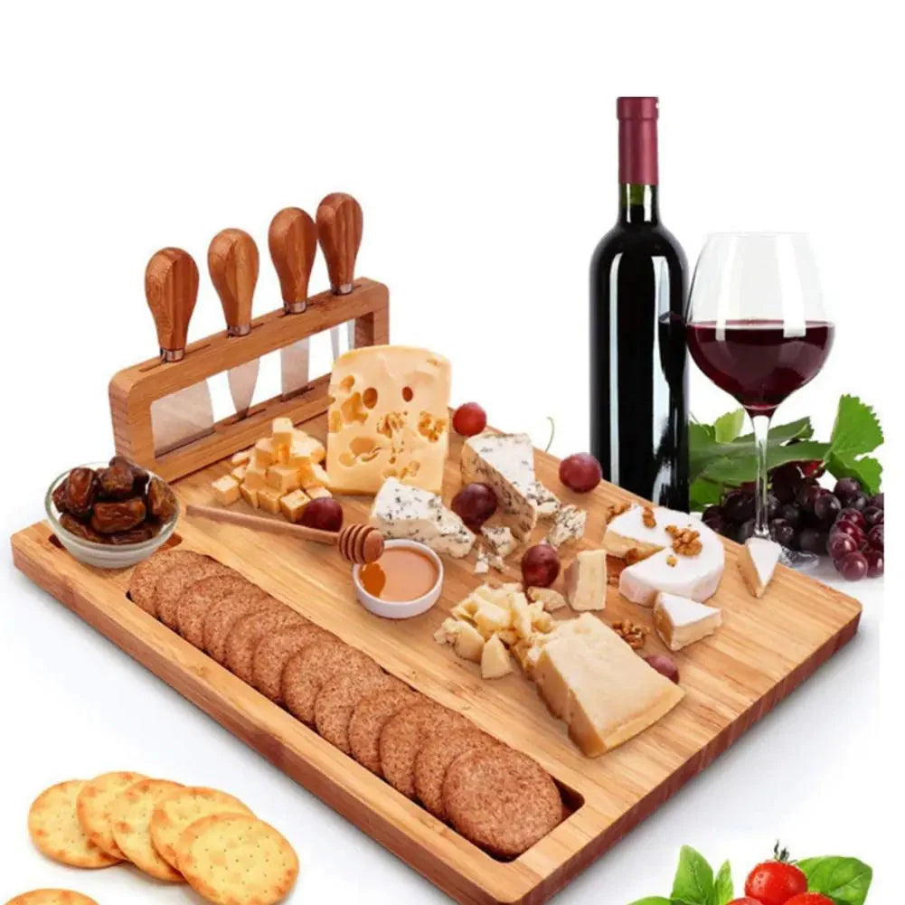 Cheese Board Set | Bamboo With Integrated Knife Storage | Includes 4 Knives