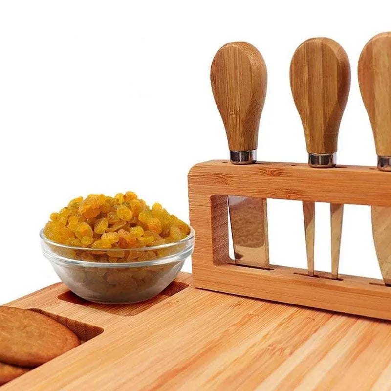 Cheese Board Set | Bamboo With Integrated Knife Storage | Includes 4 Knives