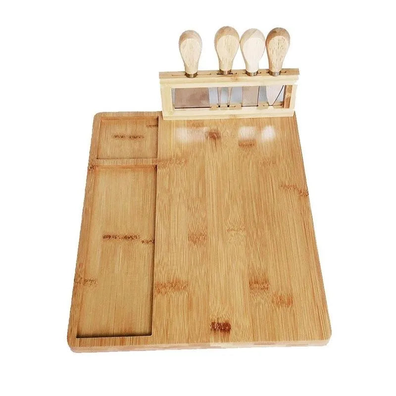Cheese Board Set | Bamboo With Integrated Knife Storage | Includes 4 Knives