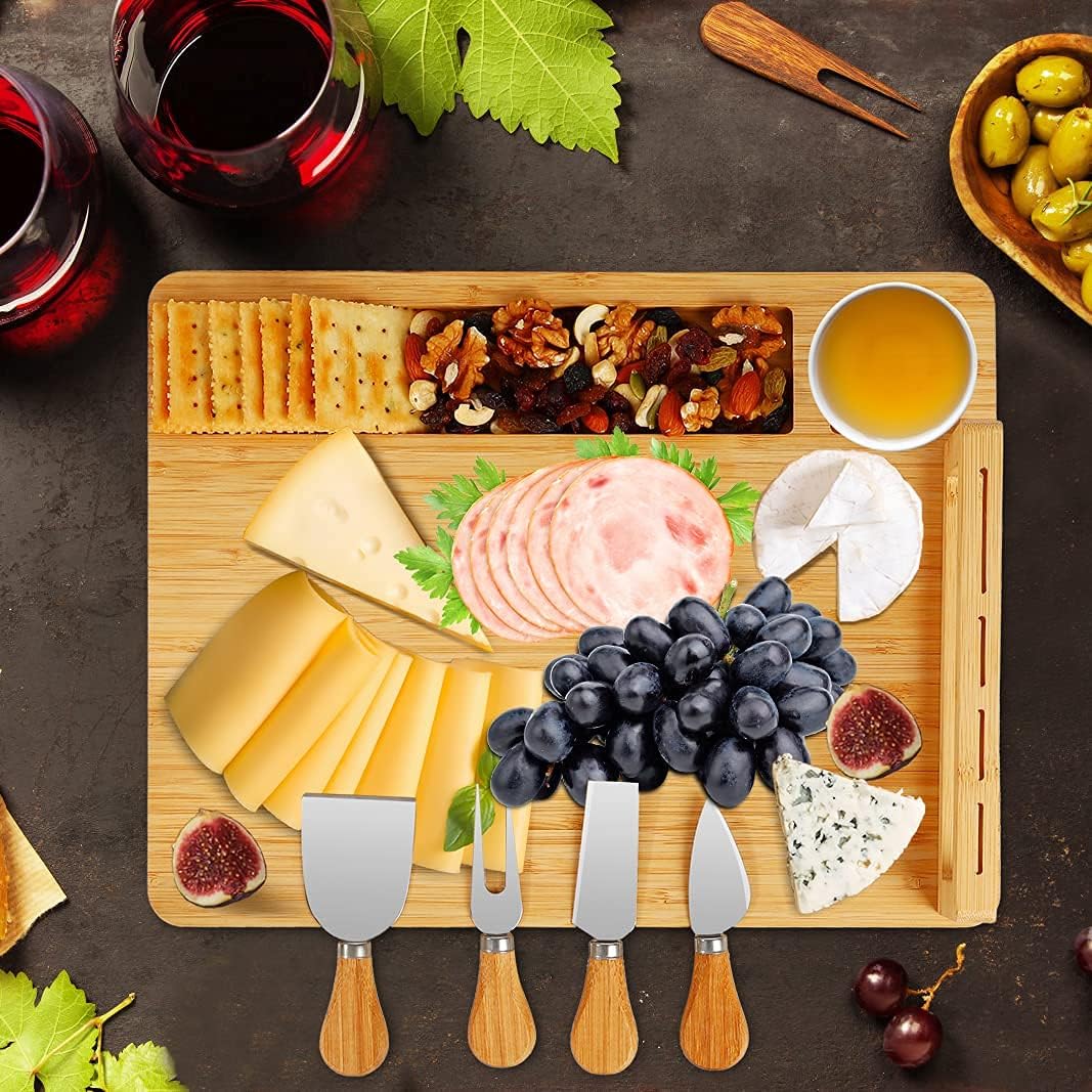 Cheese Board Set | Bamboo With Integrated Knife Storage | Includes 4 Knives