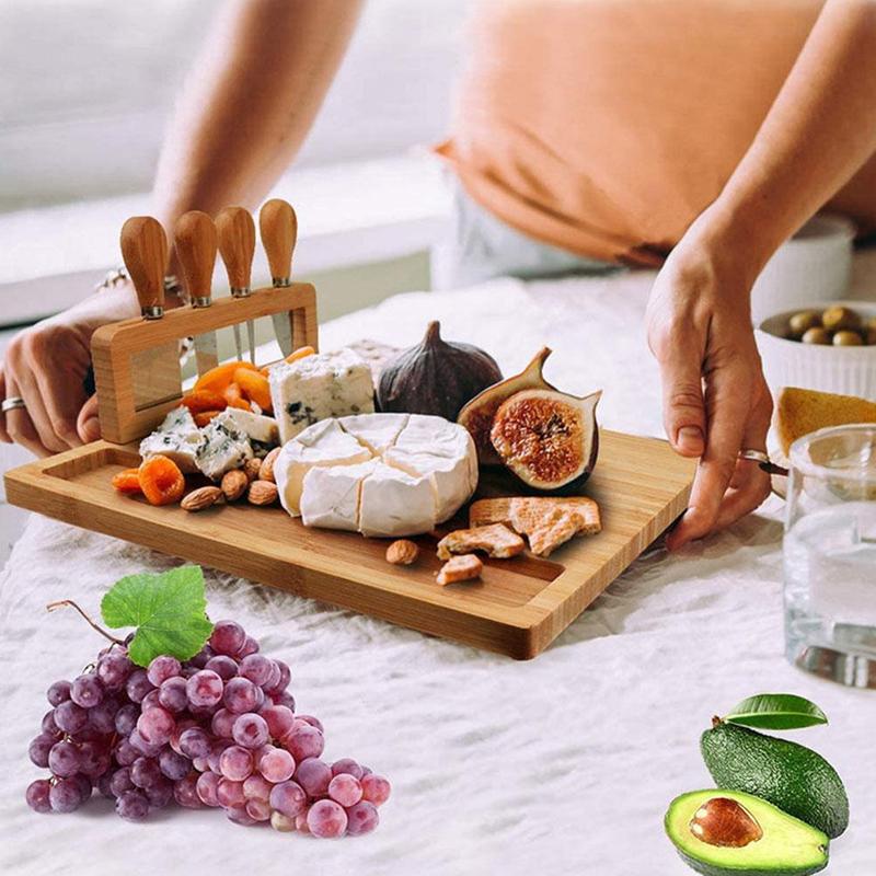 Cheese Board Set | Bamboo With Integrated Knife Storage | Includes 4 Knives