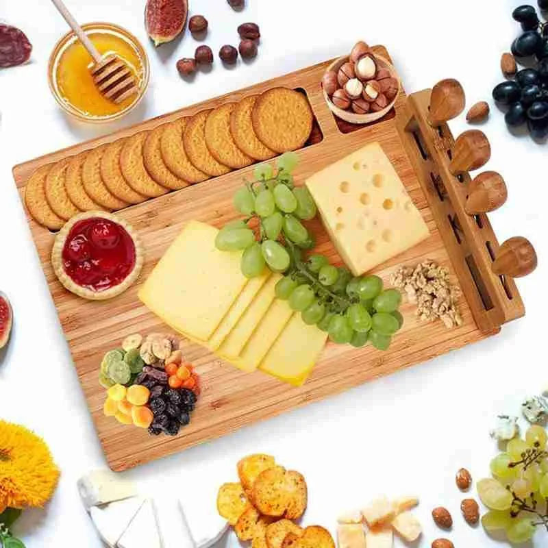 Cheese Board Set | Bamboo With Integrated Knife Storage | Includes 4 Knives