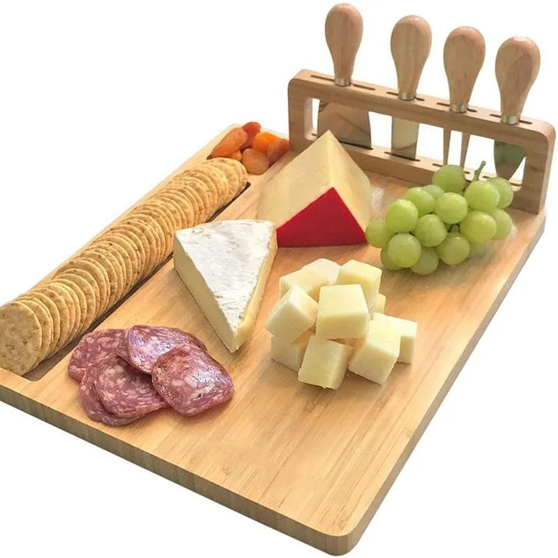 Cheese Board Set | Bamboo With Integrated Knife Storage | Includes 4 Knives
