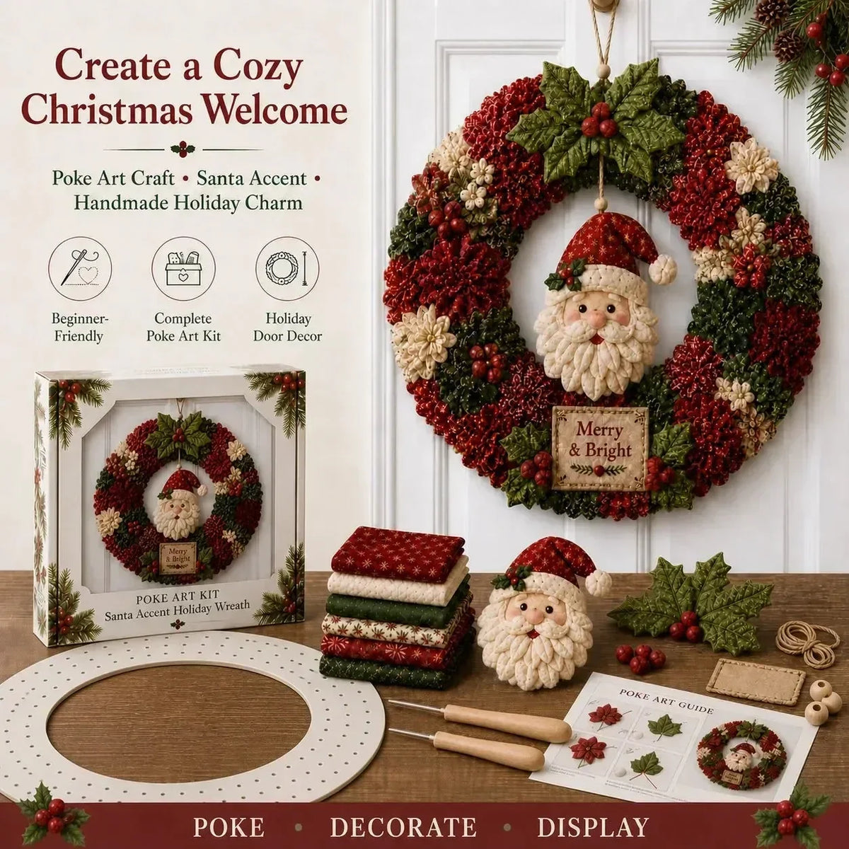 Christmas Wreath Craft Kit | No-Sew 3D Fabric Flowers | 30 × 30 cm