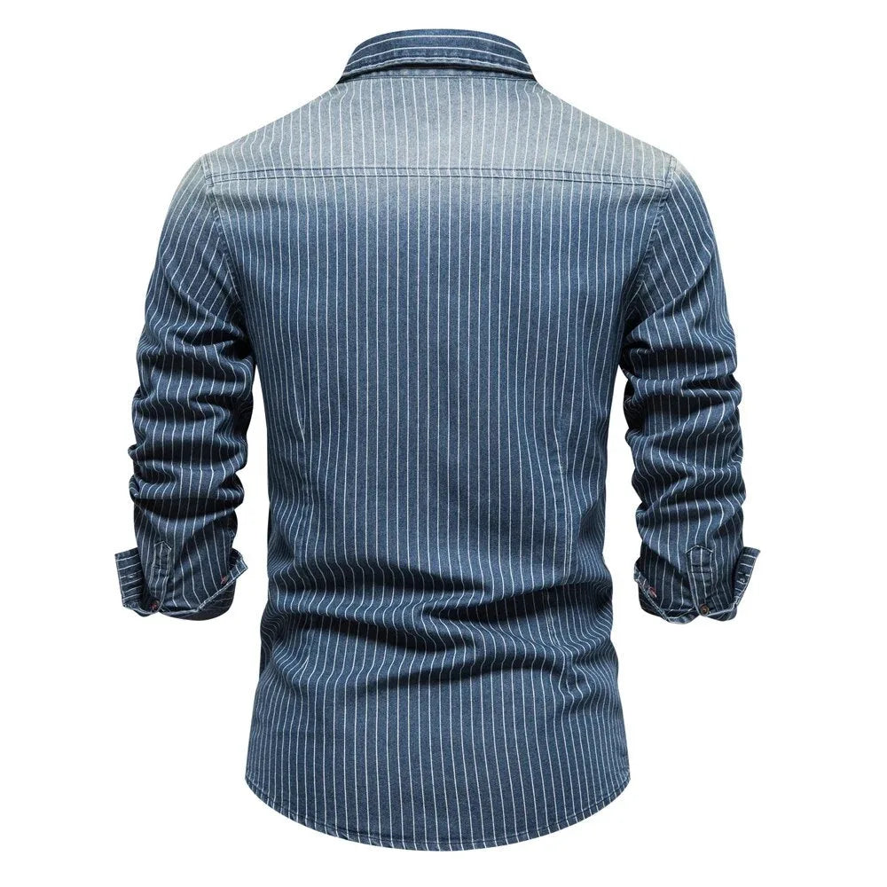 Denim Shirt | Cotton Blue Stripes | Buttoned Chest Pockets