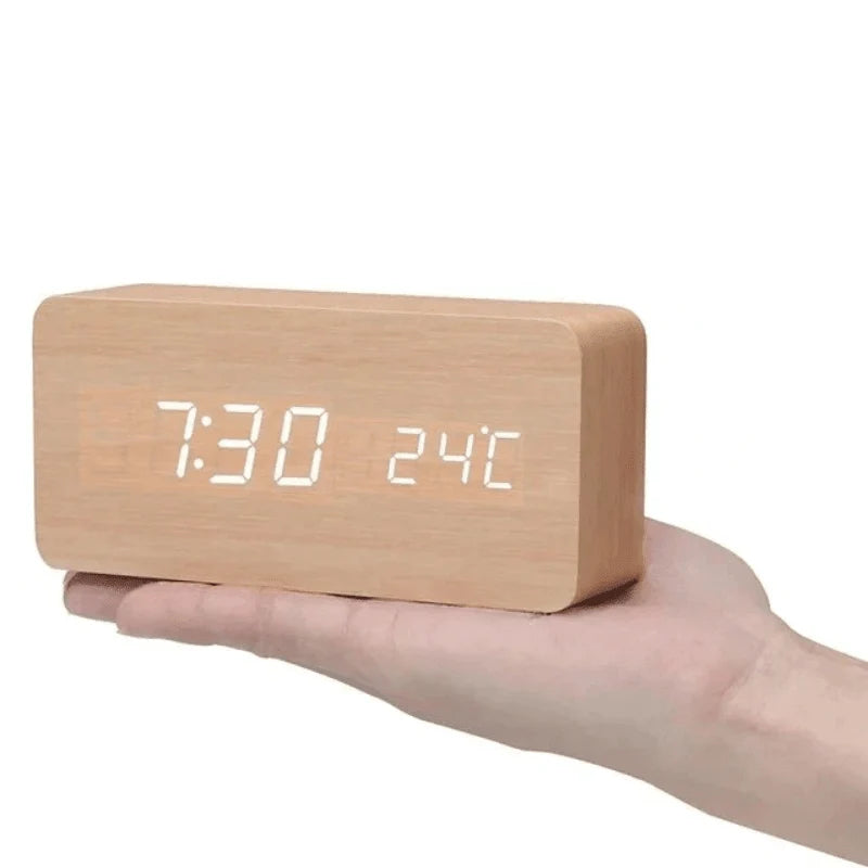 Digital Alarm Clock | Wood Grain LED Display | Temperature & CalendarXitsonga