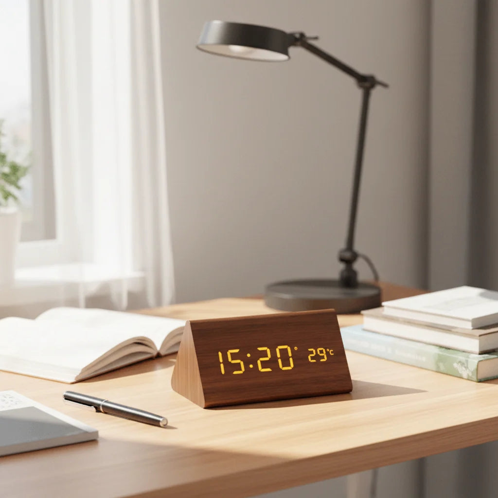 Digital Alarm Clock | Wood Grain LED Display | Temperature & CalendarXitsonga