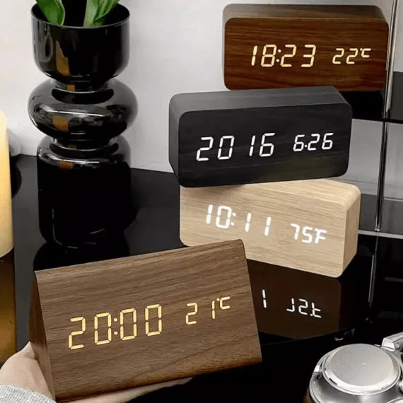 Digital Alarm Clock | Wood Grain LED Display | Temperature & CalendarXitsonga