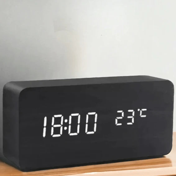 Digital Alarm Clock | Wood Grain LED Display | Temperature & CalendarXitsonga