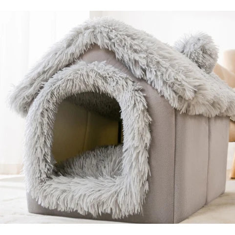 Dog House Bed | Self-Warming Plush & Removable Cushion | Non-Slip Base