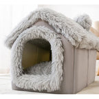 Dog House Bed | Self-Warming Plush & Removable Cushion | Non-Slip Base