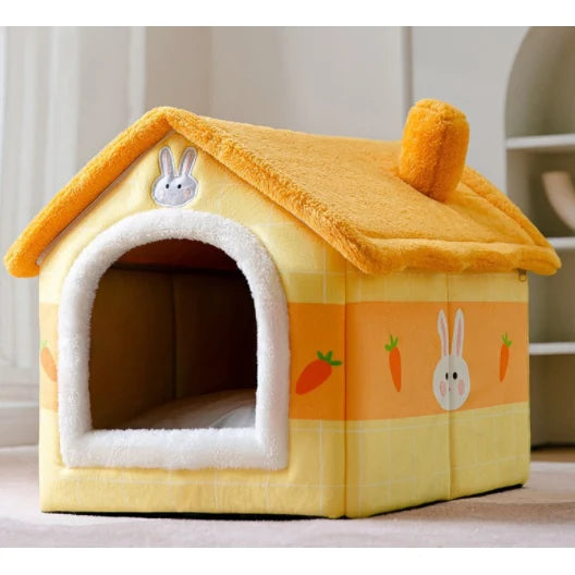 Dog House Bed | Self-Warming Plush & Removable Cushion | Non-Slip Base