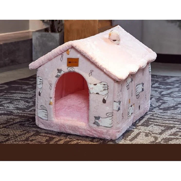 Dog House Bed | Self-Warming Plush & Removable Cushion | Non-Slip Base