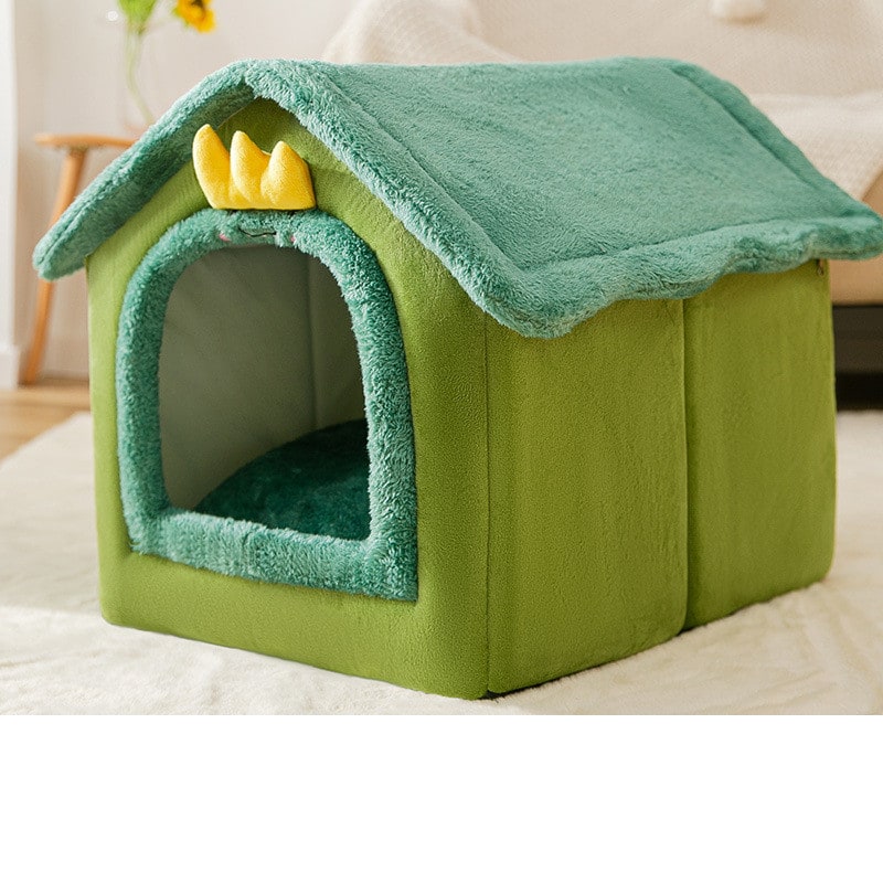 Dog House Bed | Self-Warming Plush & Removable Cushion | Non-Slip Base