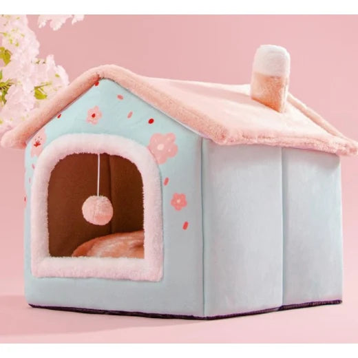 Dog House Bed | Self-Warming Plush & Removable Cushion | Non-Slip Base