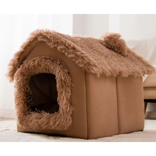 Dog House Bed | Self-Warming Plush & Removable Cushion | Non-Slip Base