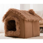 Dog House Bed | Self-Warming Plush & Removable Cushion | Non-Slip Base