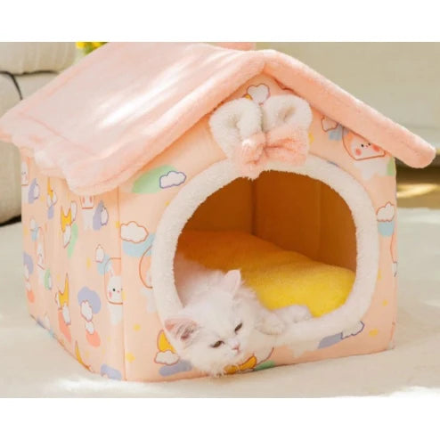 Dog House Bed | Self-Warming Plush & Removable Cushion | Non-Slip Base