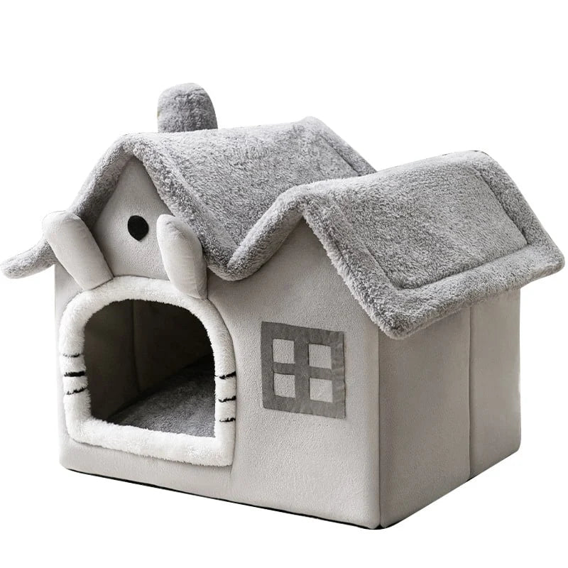 Dog House Bed | Self-Warming Plush & Removable Cushion | Non-Slip Base