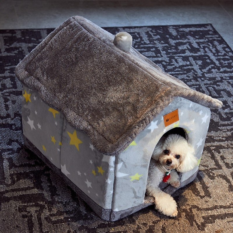 Dog House Bed | Self-Warming Plush & Removable Cushion | Non-Slip Base