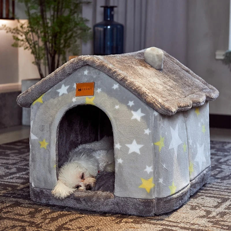 Dog House Bed | Self-Warming Plush & Removable Cushion | Non-Slip Base