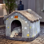 Dog House Bed | Self-Warming Plush & Removable Cushion | Non-Slip Base