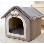 Dog House Bed | Self-Warming Plush & Removable Cushion | Non-Slip Base