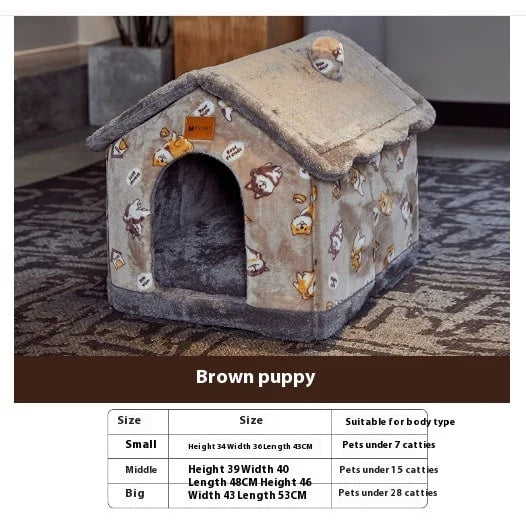 Dog House Bed | Self-Warming Plush & Removable Cushion | Non-Slip Base
