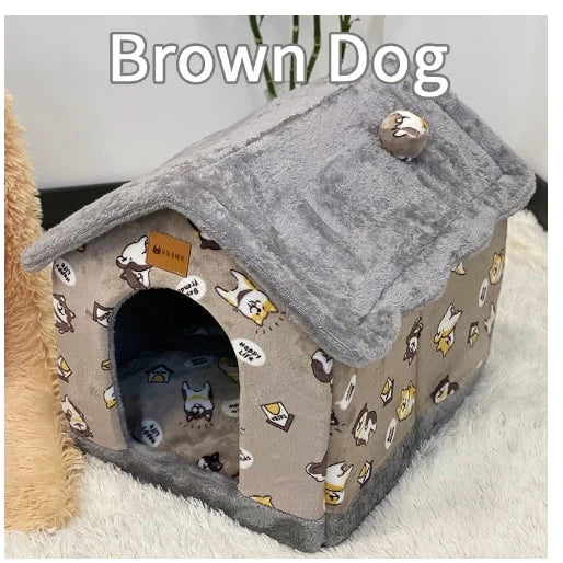 Dog House Bed | Self-Warming Plush & Removable Cushion | Non-Slip Base