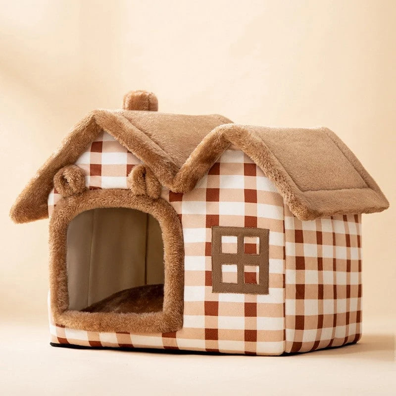 Dog House Bed | Self-Warming Plush & Removable Cushion | Non-Slip Base