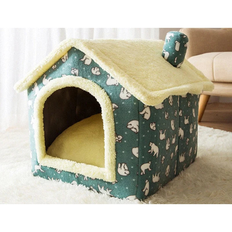 Dog House Bed | Self-Warming Plush & Removable Cushion | Non-Slip Base