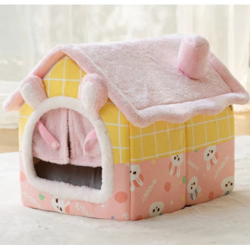 Dog House Bed | Self-Warming Plush & Removable Cushion | Non-Slip Base