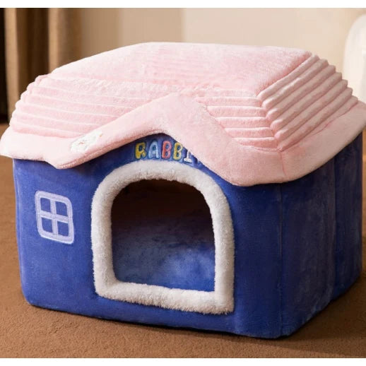 Dog House Bed | Self-Warming Plush & Removable Cushion | Non-Slip Base