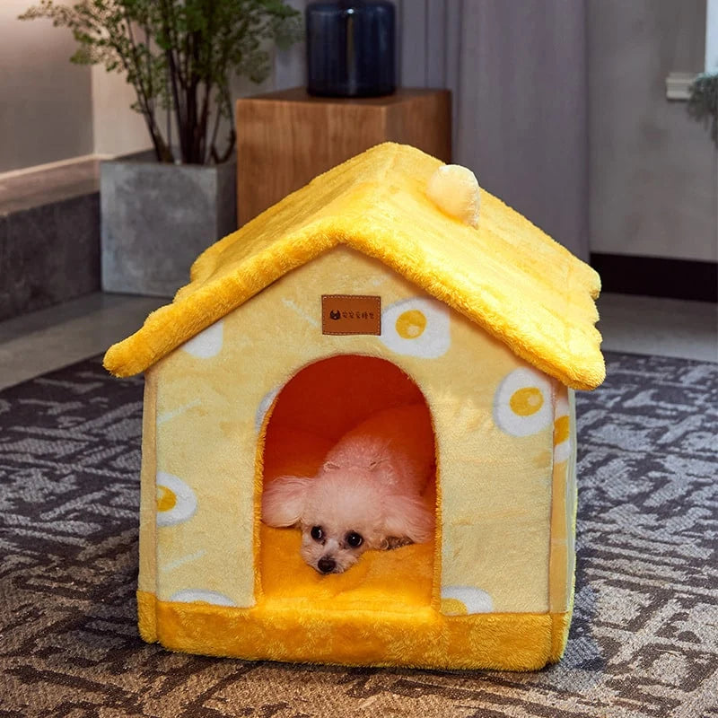 Dog House Bed | Self-Warming Plush & Removable Cushion | Non-Slip Base