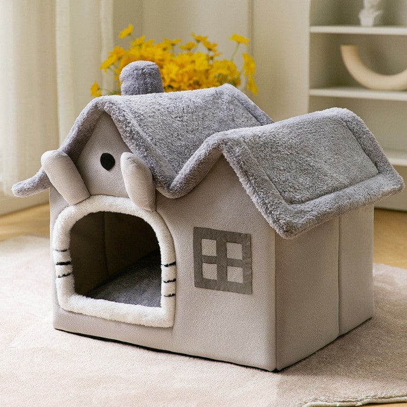 Dog House Bed | Self-Warming Plush & Removable Cushion | Non-Slip Base