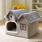 Dog House Bed | Self-Warming Plush & Removable Cushion | Non-Slip Base