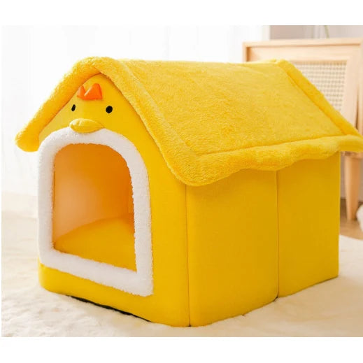 Dog House Bed | Self-Warming Plush & Removable Cushion | Non-Slip Base