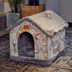 Dog House Bed | Self-Warming Plush & Removable Cushion | Non-Slip Base