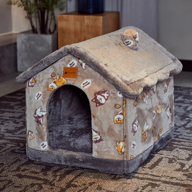 Dog House Bed | Self-Warming Plush & Removable Cushion | Non-Slip Base