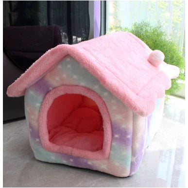 Dog House Bed | Self-Warming Plush & Removable Cushion | Non-Slip Base