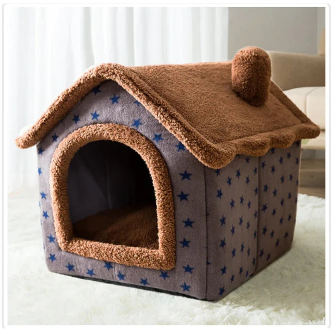 Dog House Bed | Self-Warming Plush & Removable Cushion | Non-Slip Base