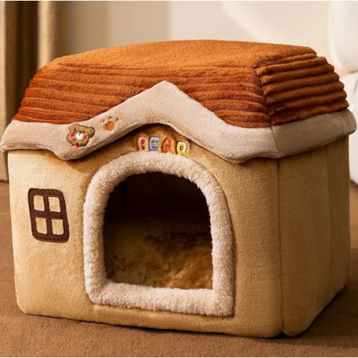 Dog House Bed | Self-Warming Plush & Removable Cushion | Non-Slip Base