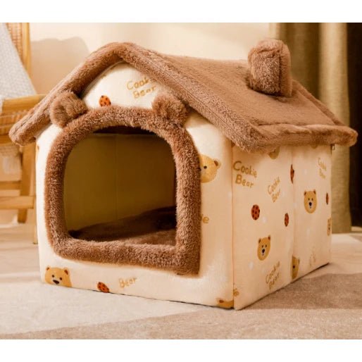 Dog House Bed | Self-Warming Plush & Removable Cushion | Non-Slip Base