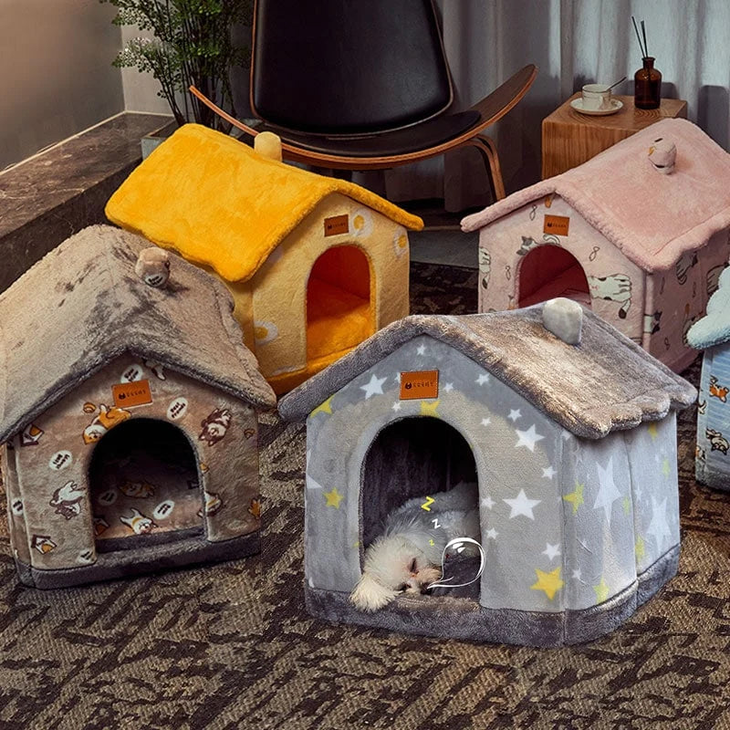 Dog House Bed | Self-Warming Plush & Removable Cushion | Non-Slip Base