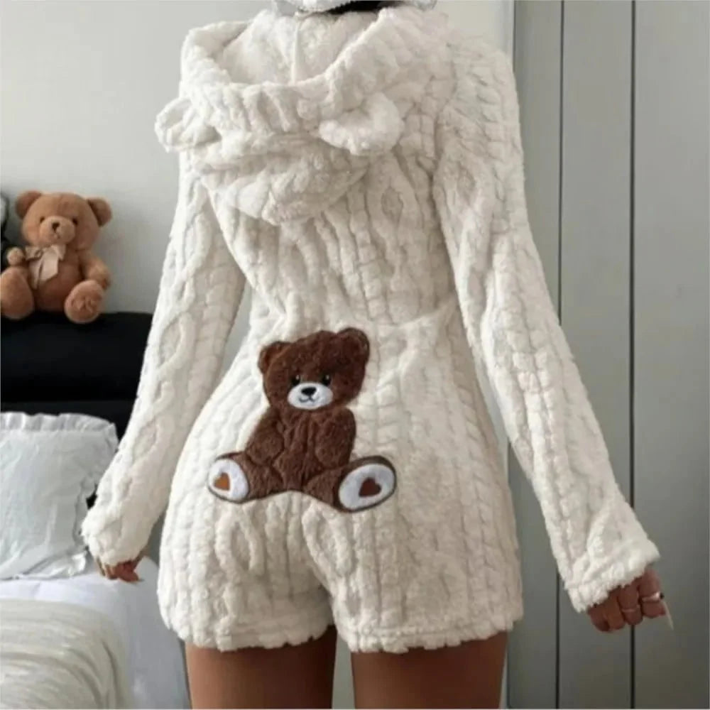 Fleece Romper | Plush Fleece Hood With Bear Ears | Front Zipper