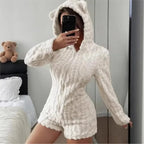 Fleece Romper | Plush Fleece Hood With Bear Ears | Front Zipper