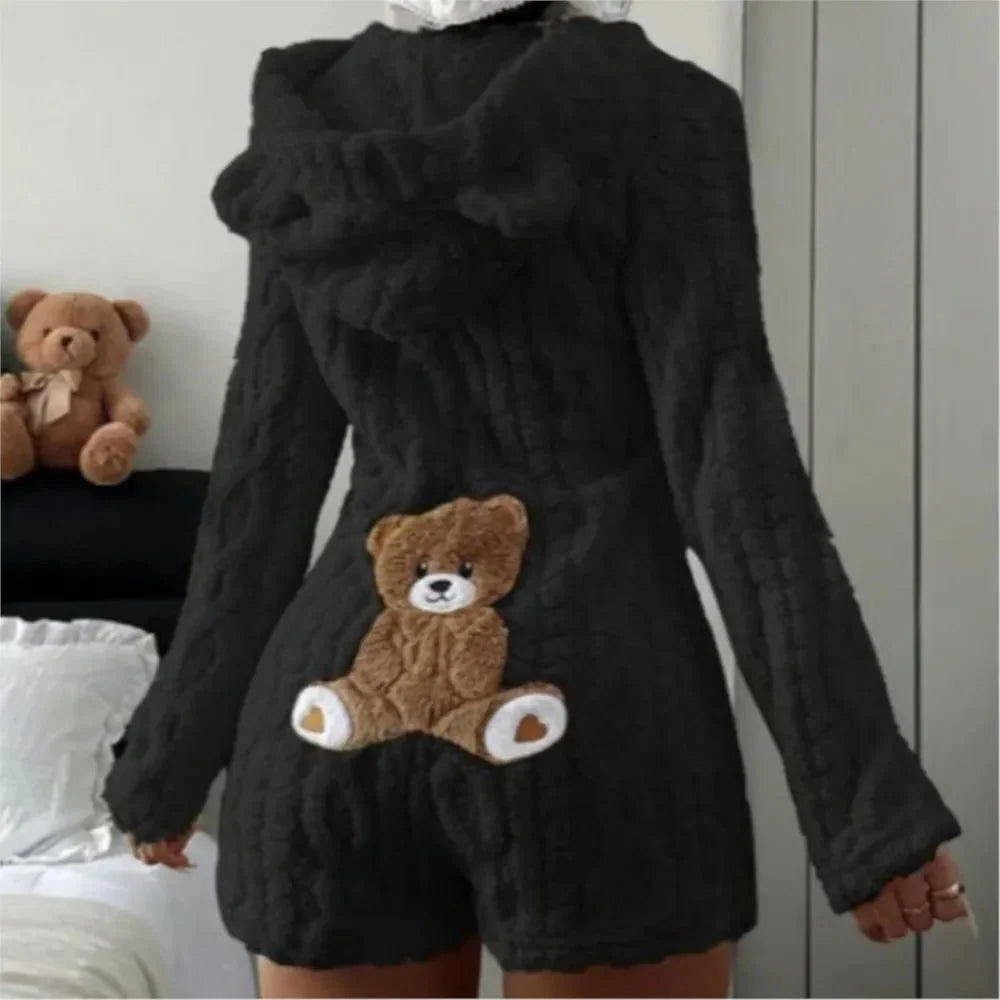 Fleece Romper | Plush Fleece Hood With Bear Ears | Front Zipper